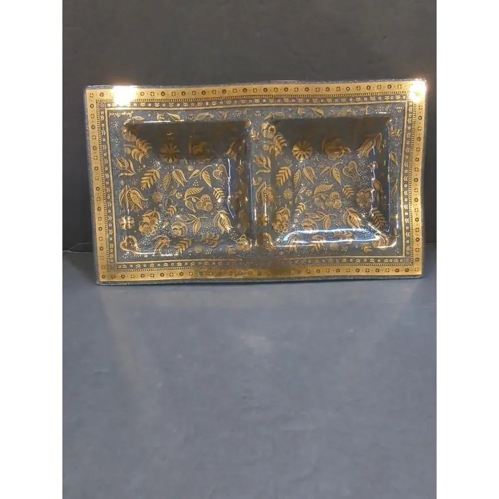 Vintage Mid Century‎ Modern gold floral glass serving tray